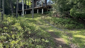 Una baita di legno con veranda, immersa in una fitta foresta e un sentiero sterrato che vi conduce.