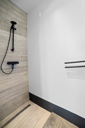 Shower, hair dryer, towels, shampoo