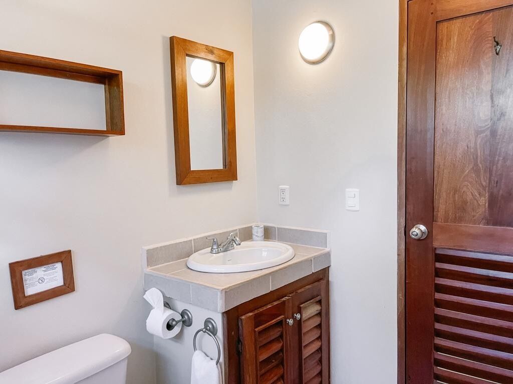 A bathroom with a toilet, sink, mirror, and wooden door.