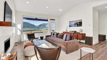 Smart TV, fireplace, table football, books