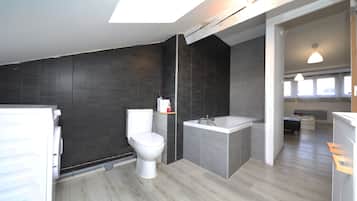 Hair dryer, towels, soap, shampoo