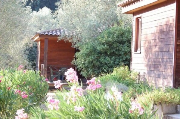 A wooden cabin with a porch, surrounded by lush greenery and flowering plants.