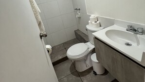 Un baño pequeño con inodoro, lavabo y ducha.