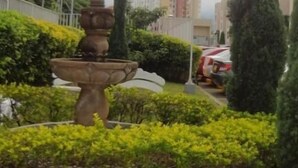 A garden with a stone fountain, neatly trimmed bushes, and tall trees. - Emdoralahouse (Cali)