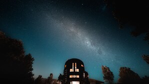 A building with a dome-shaped roof and multiple windows, surrounded by trees under a starry night sky. - Hotel Parque Tepuhueico (Chonchi)
