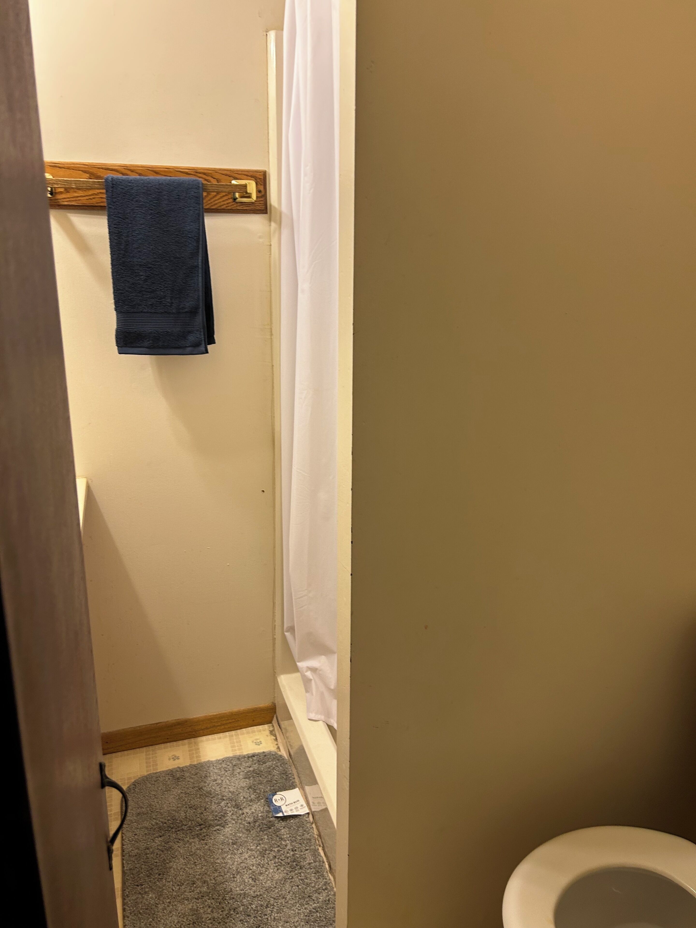 Ein kleines Badezimmer mit Dusche, Handtuchhalter und Toilette.