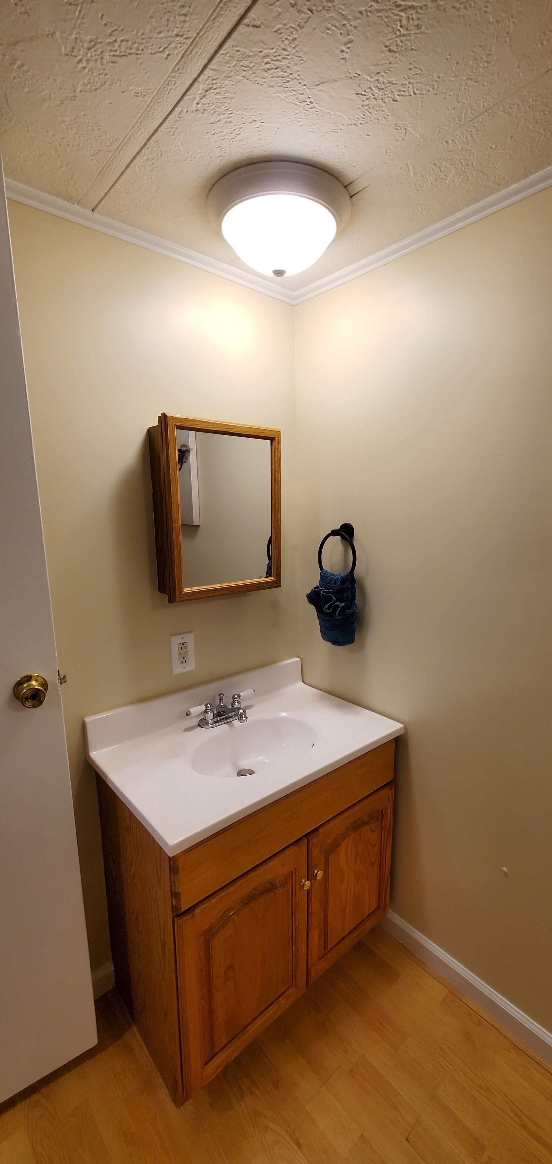 A bathroom with a white sink, wooden cabinets, a mirror, and a towel ring on the wall.
