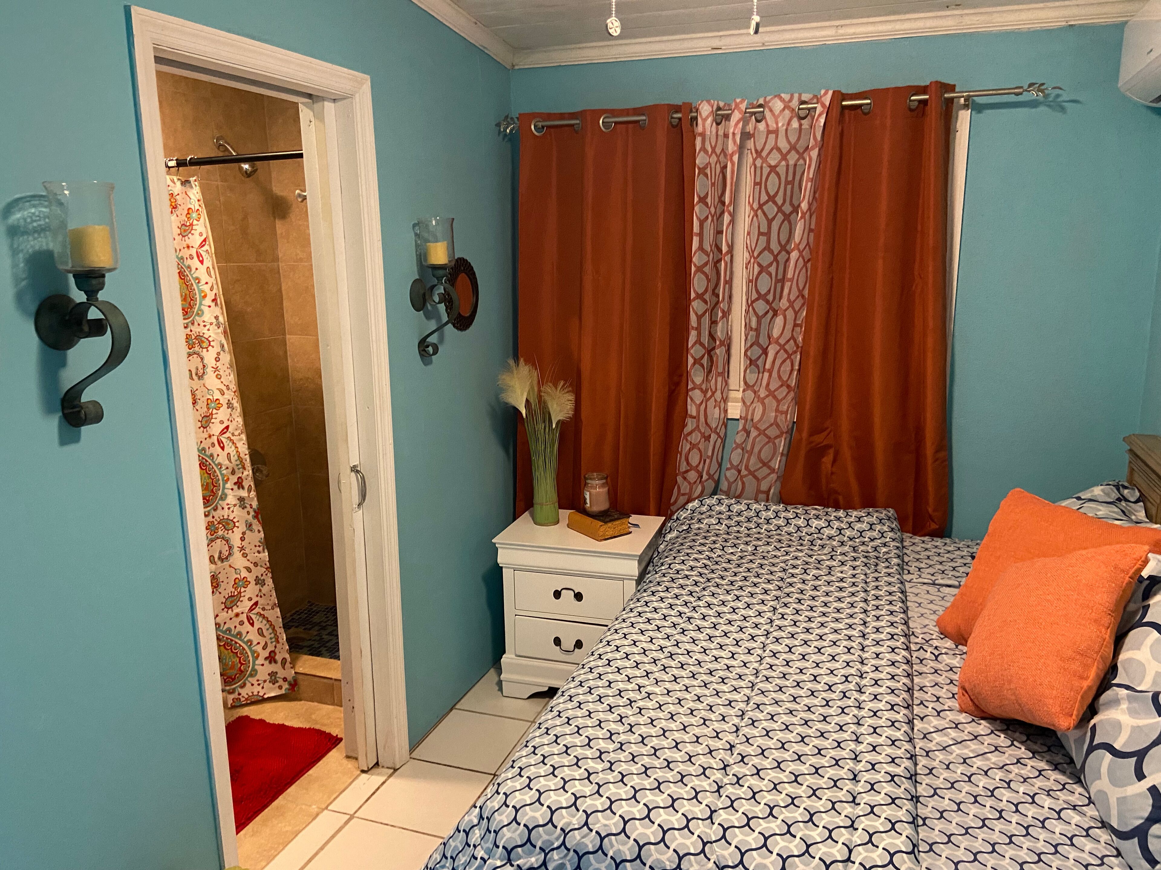 Une chambre à coucher avec un lit, une table de chevet, une commode et un rideau de douche.