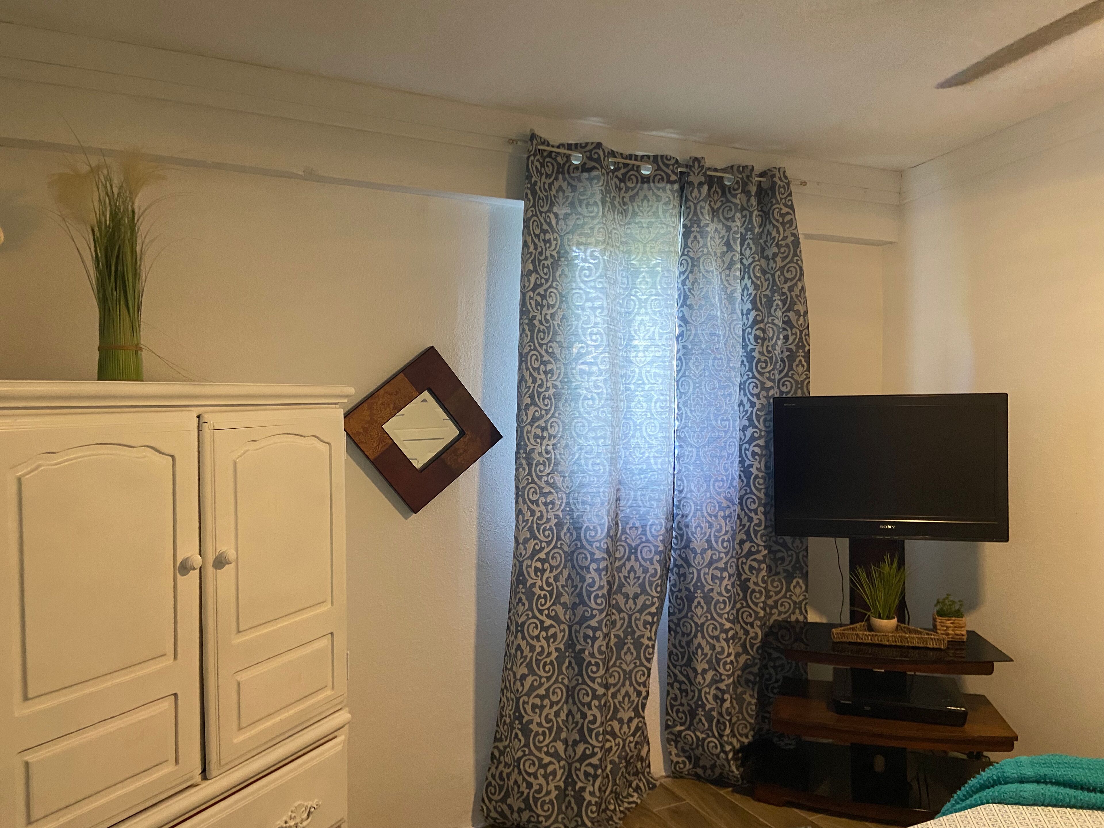 Una habitación con un armario blanco, un cuadro enmarco, una cortina estampada, un televisor sobre un pedestal de madera y una planta sobre el pedestal.