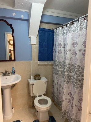A bathroom with a sink, toilet, and shower curtain.