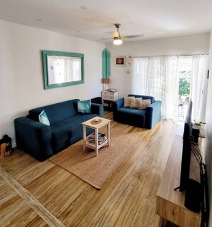 Smart TV, chimenea, libros y estéreo
