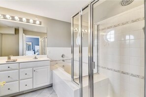 Shower, jetted tub, hair dryer, soap