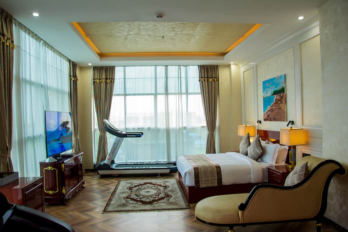 A hotel room with a bed, a treadmill, a TV, and a large window with curtains.