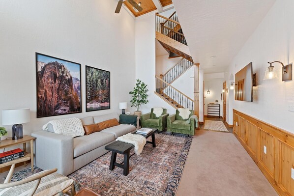 TV, fireplace, books