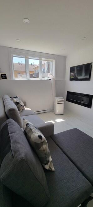 Televisie, een open haard en boeken