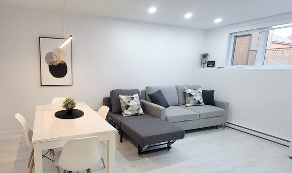 TV, fireplace, books