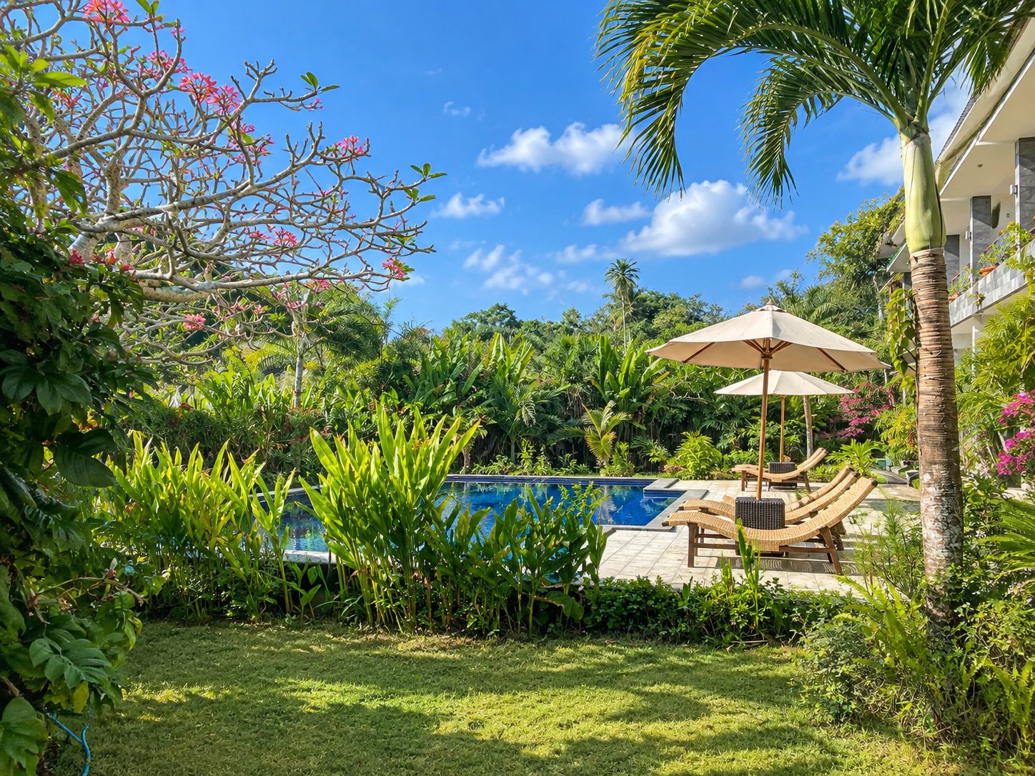 A pool area with lounge chairs and an umbrella, surrounded by lush greenery and a clear sky.