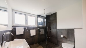 A modern bathroom with a large sink, a toilet, and a glass-enclosed shower.