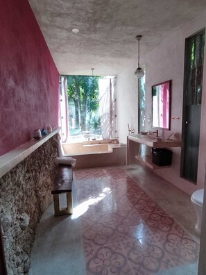 Shower, hair dryer, towels, toilet paper