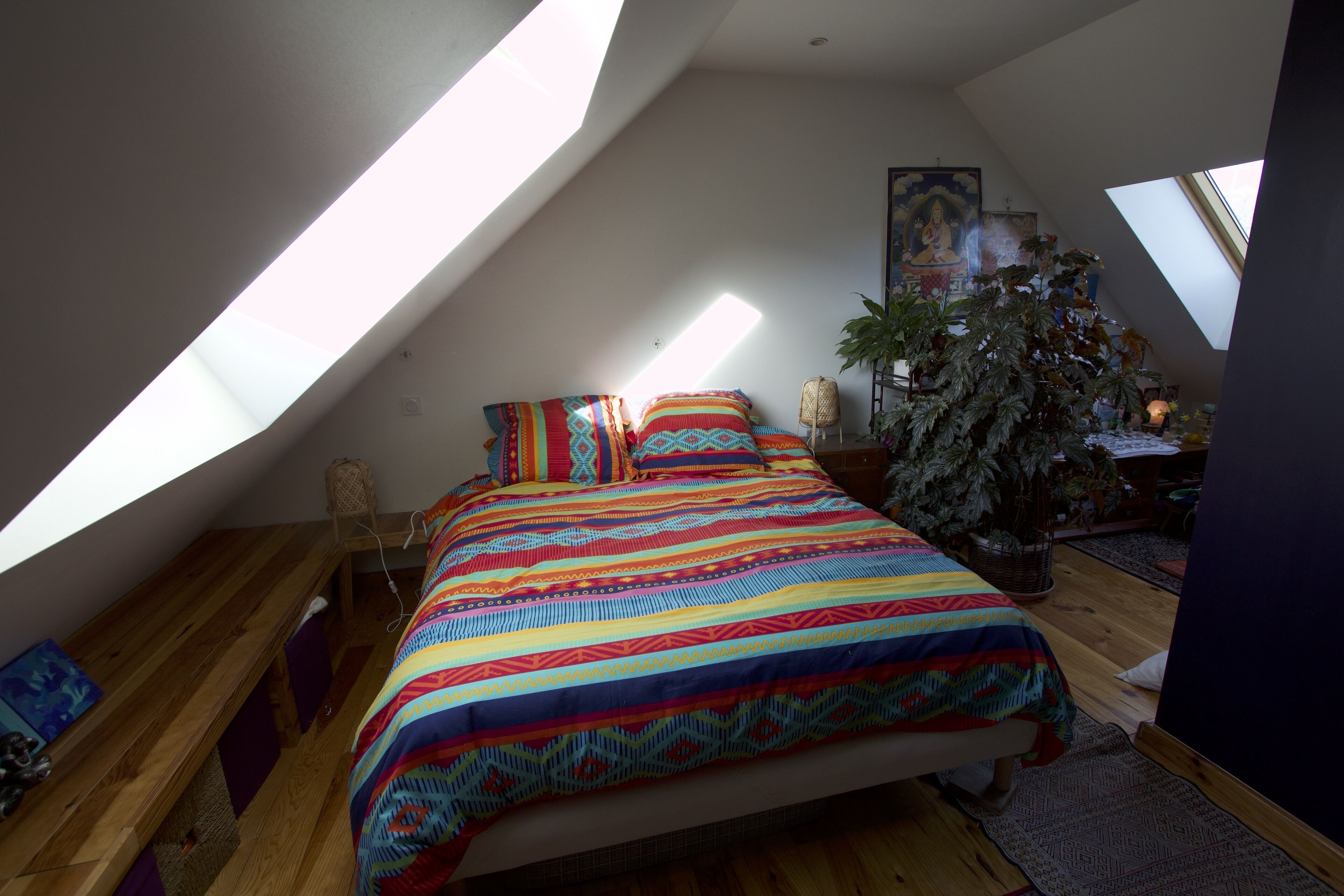 A bedroom with a sloped ceiling, skylights, a colorful bedspread, a large plant, and a painting on the wall.
