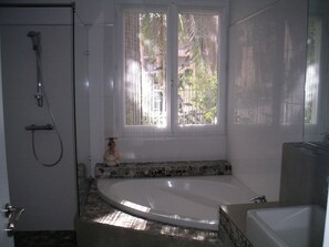 Shower, jetted bath, hair dryer, bidet