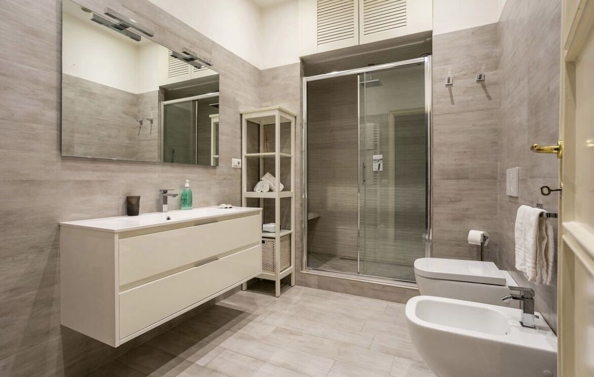 Shower, hair dryer, bidet, towels
