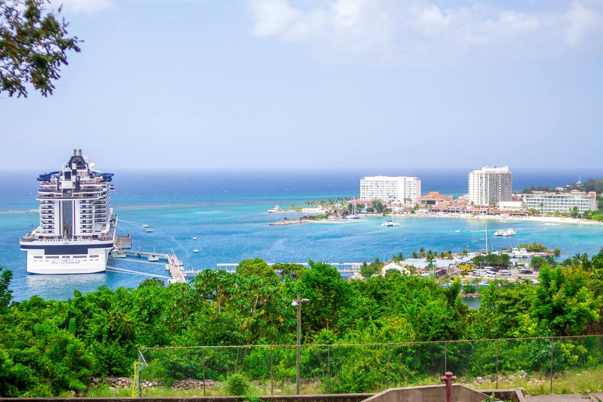 A cruise ship docked at a port with a view of a coastal cityscape, including buildings and a marina.