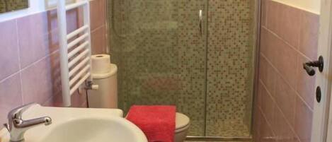 Un baño con ducha, inodoro y lavamanos.