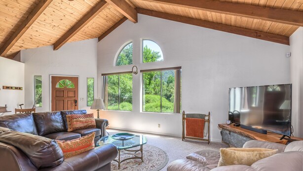 Un salon spacieux avec un haut plafond, un grand téléviseur et une cheminée.