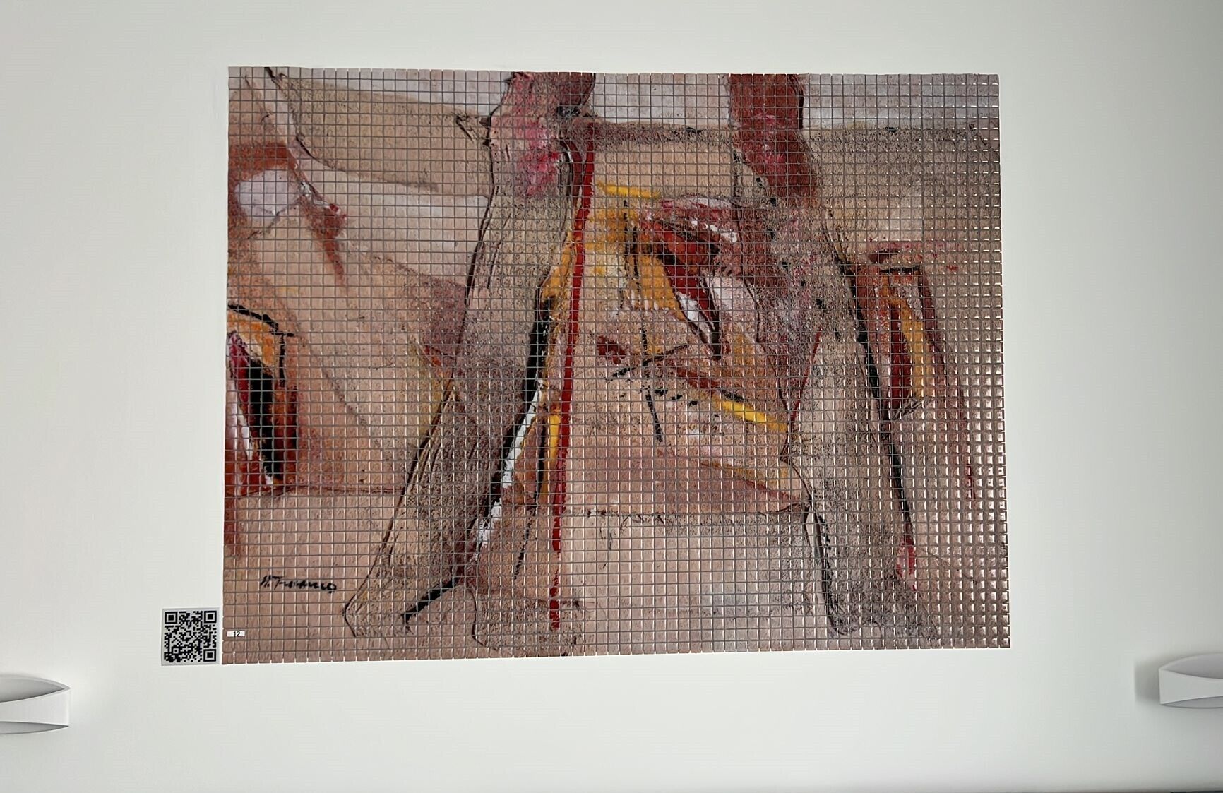 A painting with abstract figures and a grid overlay.
