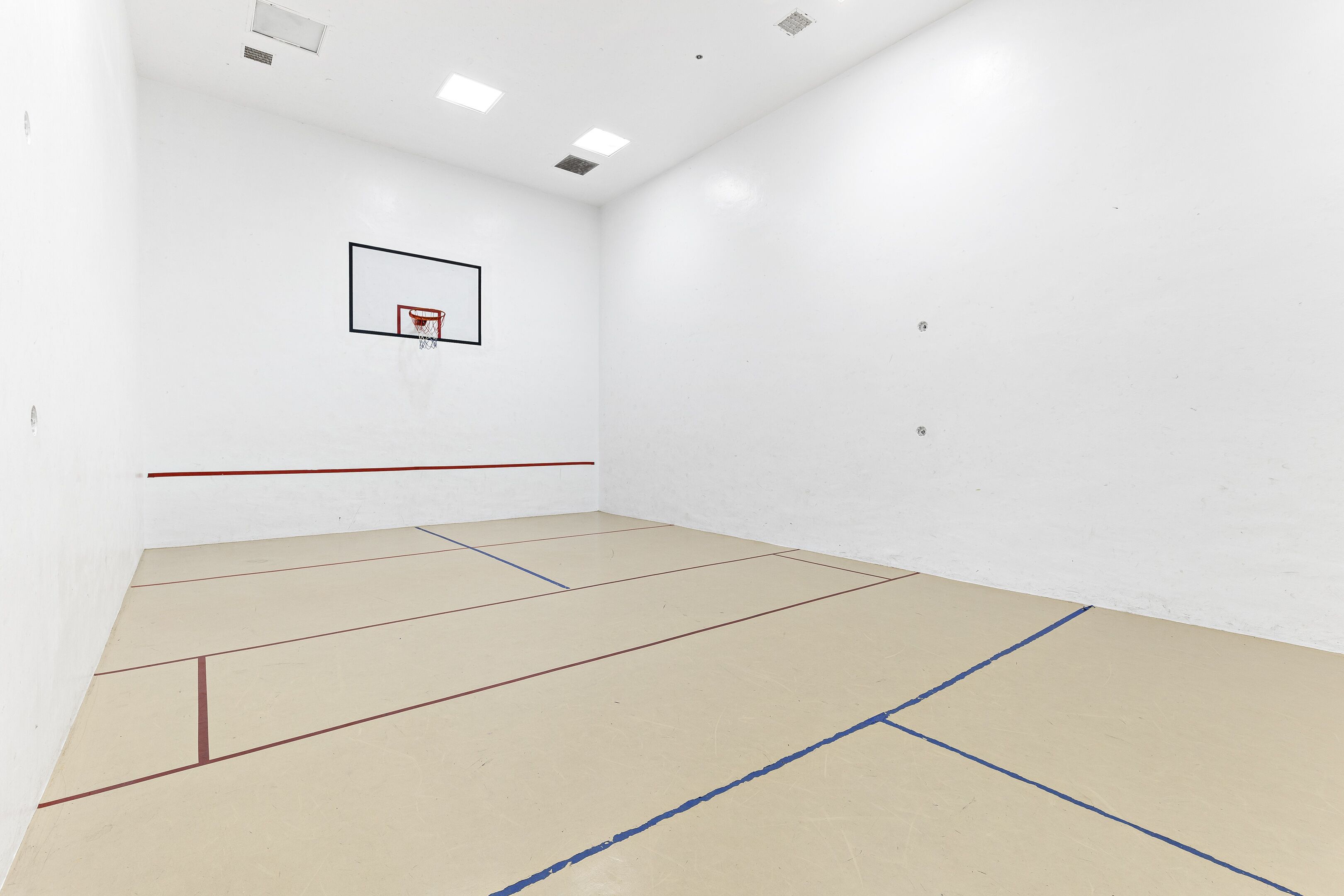 Una cancha de squash con aro de baloncesto, paredes blancas y suelo de baldosas con líneas rojas y azules.