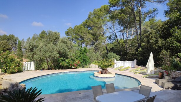 A swimming pool with a white table and chairs, surrounded by trees and a white fence. - Peace and relaxation in green Provence (Entrecasteaux)