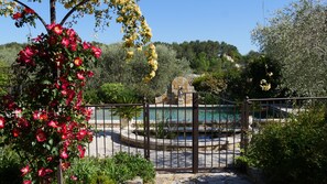 A garden with a fountain, a stone wall, and a pool.
