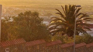 Un muro di pietra con una palma in primo piano, un lampione e sullo sfondo una vista sulla città.