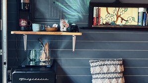 A compact living space with a kitchenette, a small refrigerator, a coffee maker, and a shelf with books and decorative items. - 3 River Cabins - Private Group Retreat - Downtown Sparta! (North)