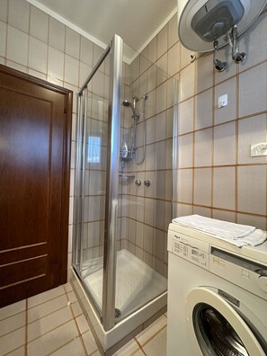 Shower, hair dryer, bidet, towels