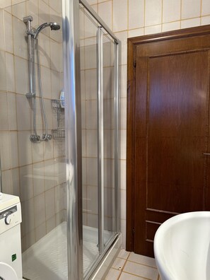Shower, hair dryer, bidet, towels