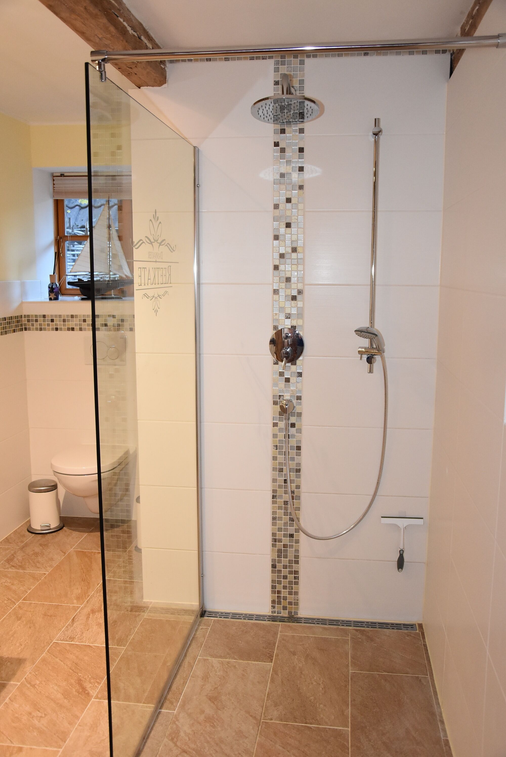 Une douche fermée par des parois en verre, avec un mur décoré d’une mosaïque de carreaux, des toilettes et une poubelle.