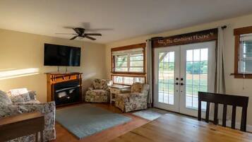 TV connectée, cheminée, livres