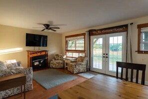 Smart TV, fireplace, books