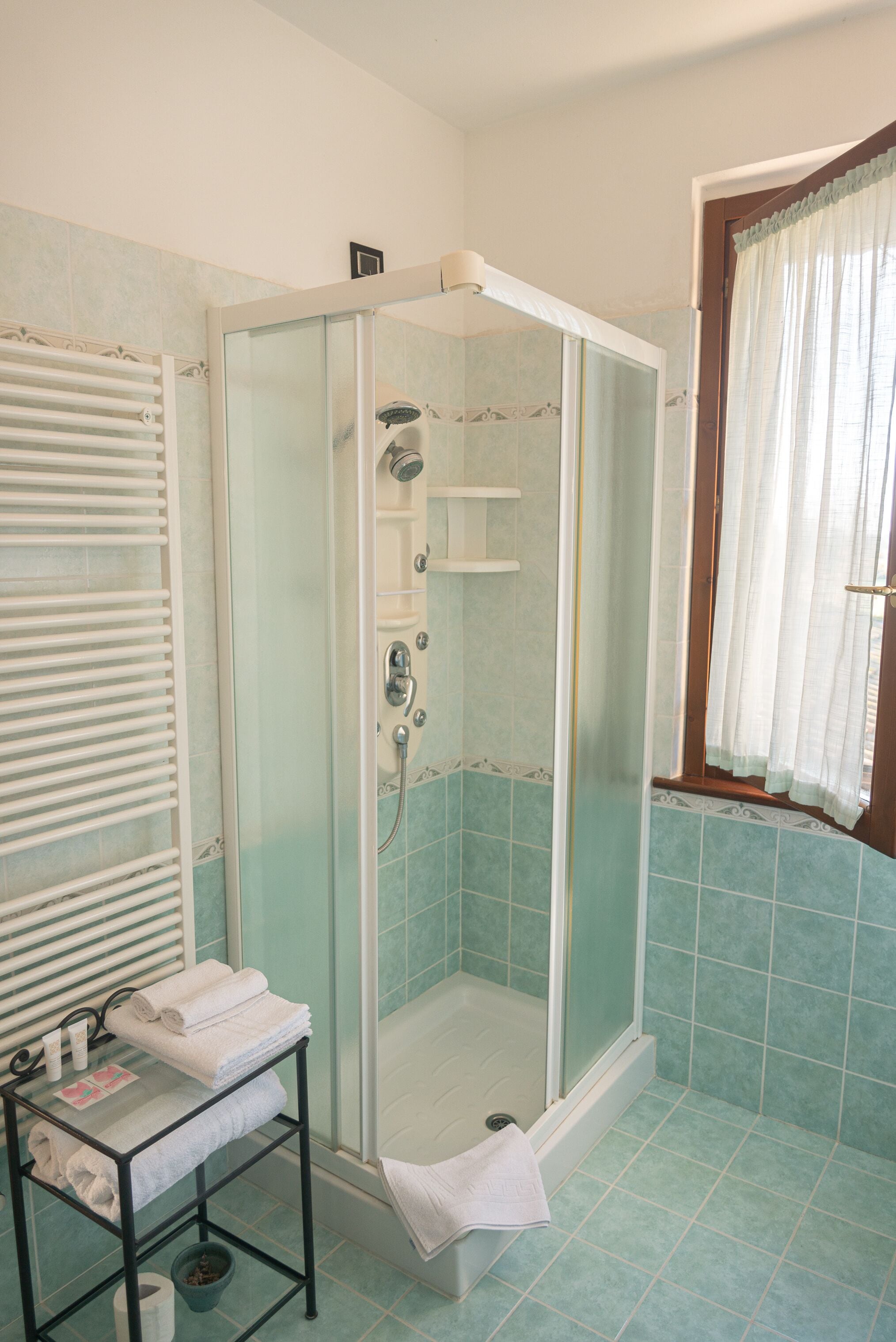 A bathroom with a glass-enclosed shower, a sink with a towel rack, and a window with curtains.