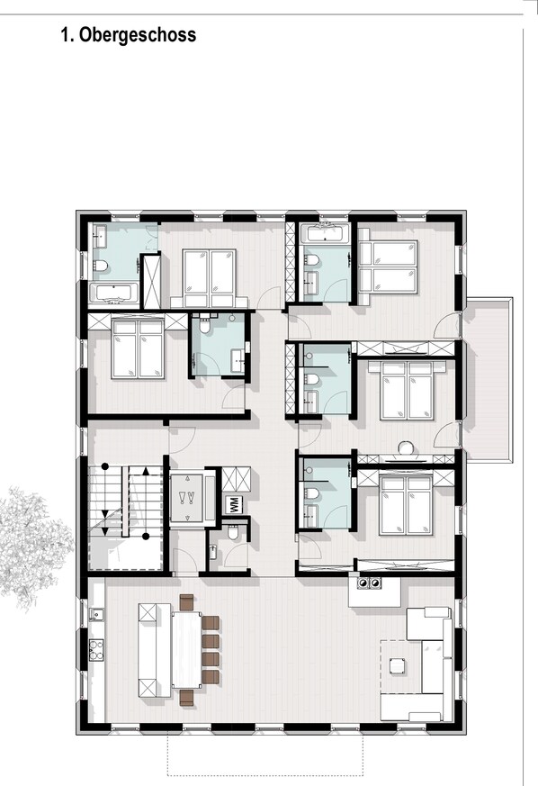 A floor plan of a hotel with multiple bedrooms, bathrooms, a dining area, and a kitchen. - Chalet Silver Fox (Sankt Anton am Arlberg)