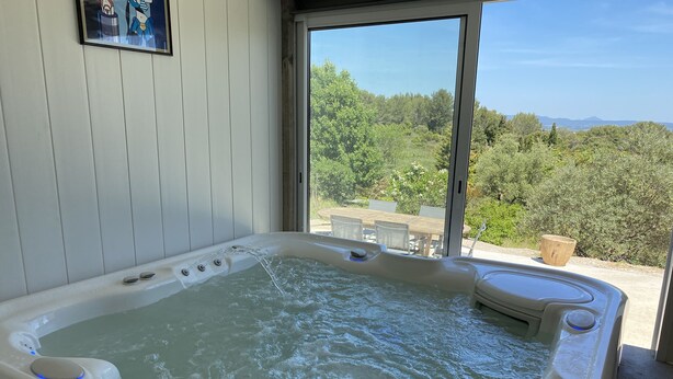 Un bain à remous avec vue sur une forêt et des montagnes.