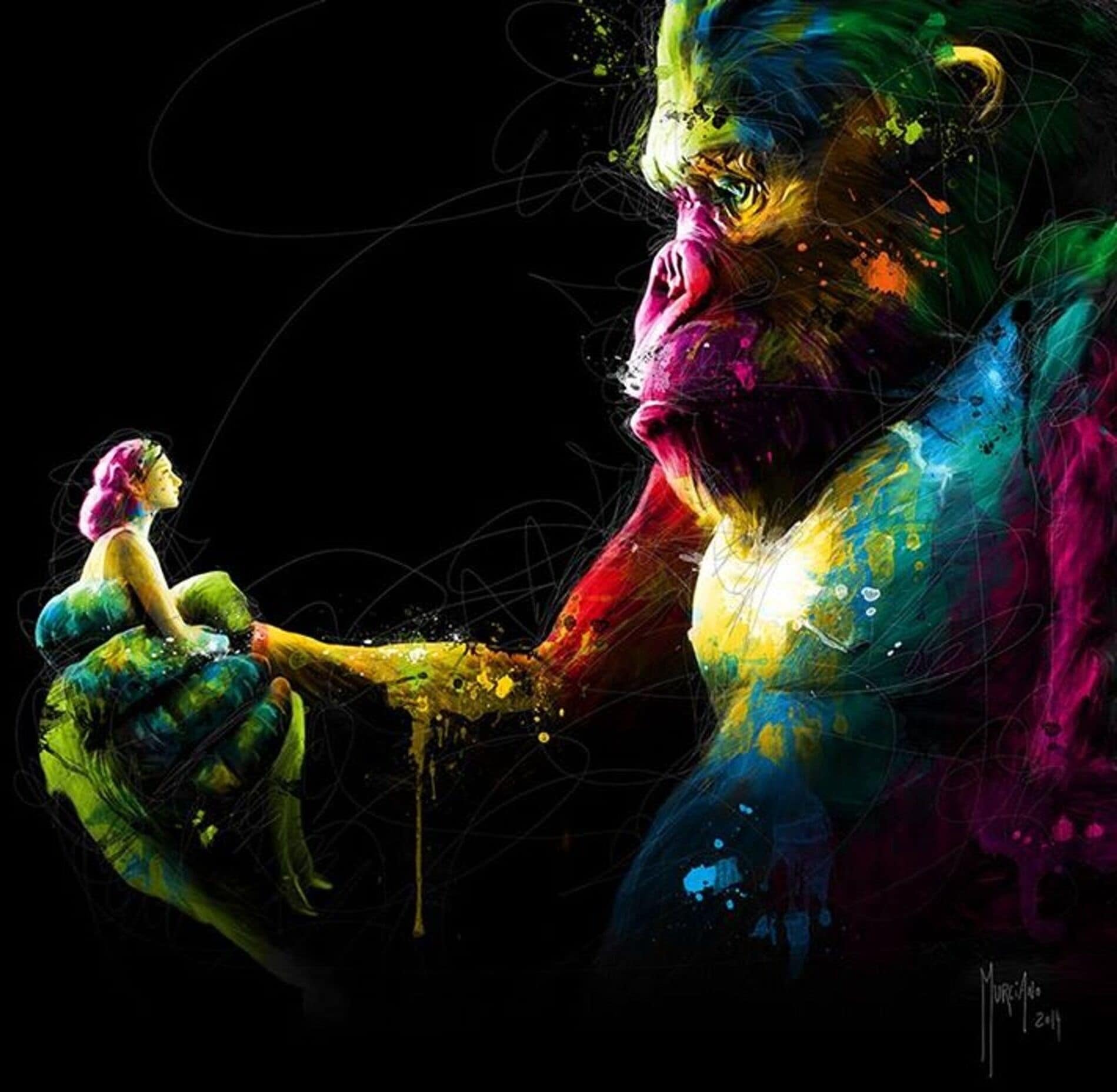 A person with a colorful, abstract background.