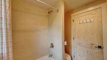 Une salle de bain avec douche, toilettes et une porte en bois dotée de crochets.