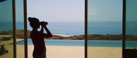 A person standing by a large window overlooking a pool and ocean view.