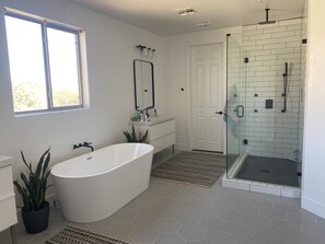 Shower, hair dryer, towels, soap