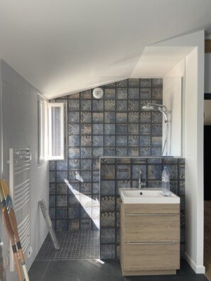 Shower, hair dryer, toilet paper