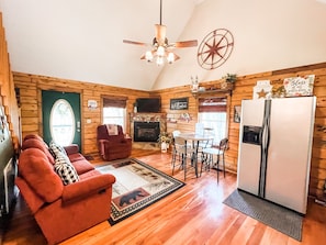 TV, fireplace - Relax @ Mt. Melody Log Cabin. Brand New Hot Tub and Masterbath. by Trout Stream (Fancy Gap)
