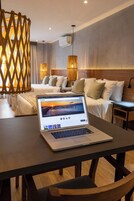 Laptop workspace, free WiFi, bed sheets